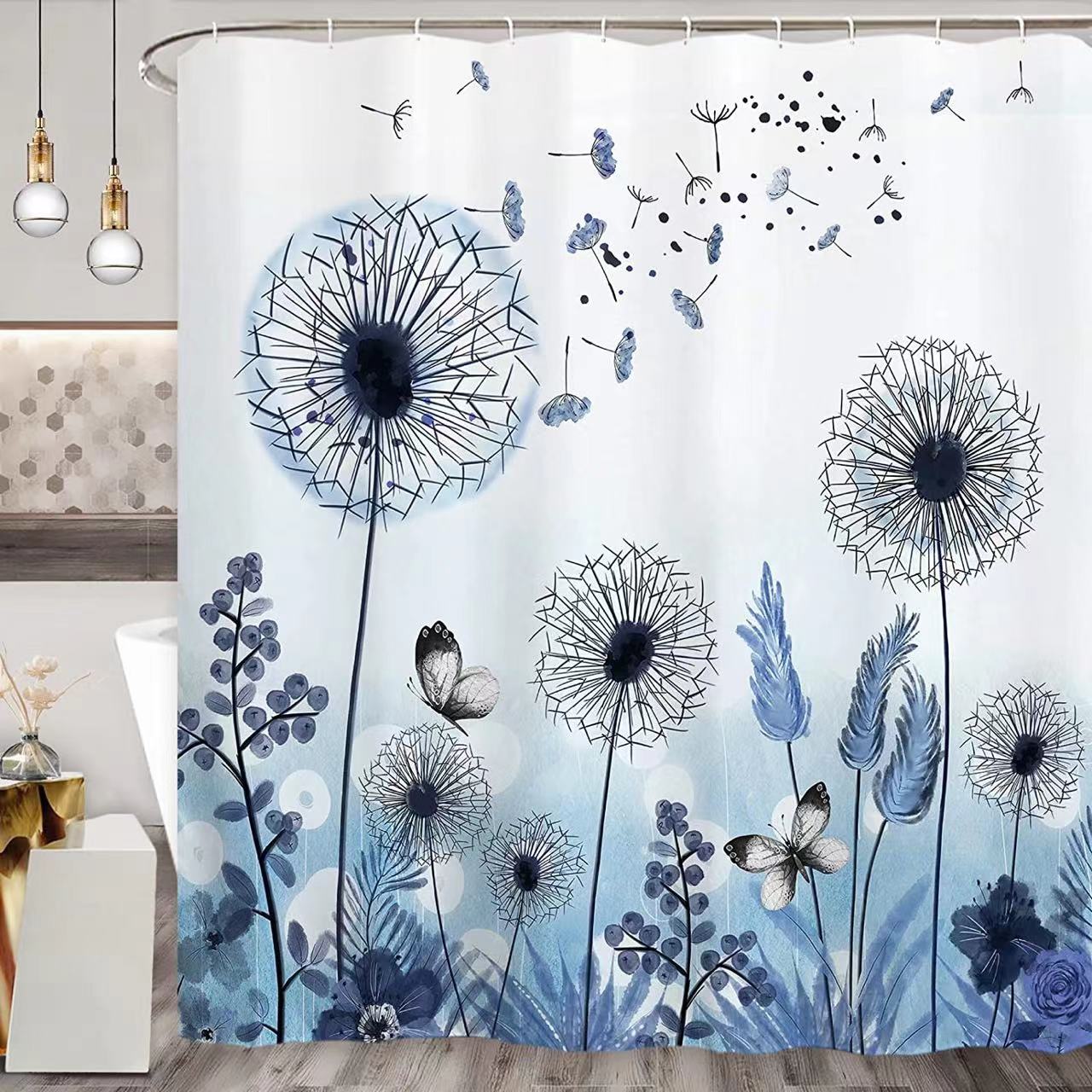 Baifenbai Home Furnishing Blue Floral Shower Curtains Watercolor Dandelion Wildflowers Plant Farmhouse Waterproof Fabric Bathroom Bath Decor Set Washable