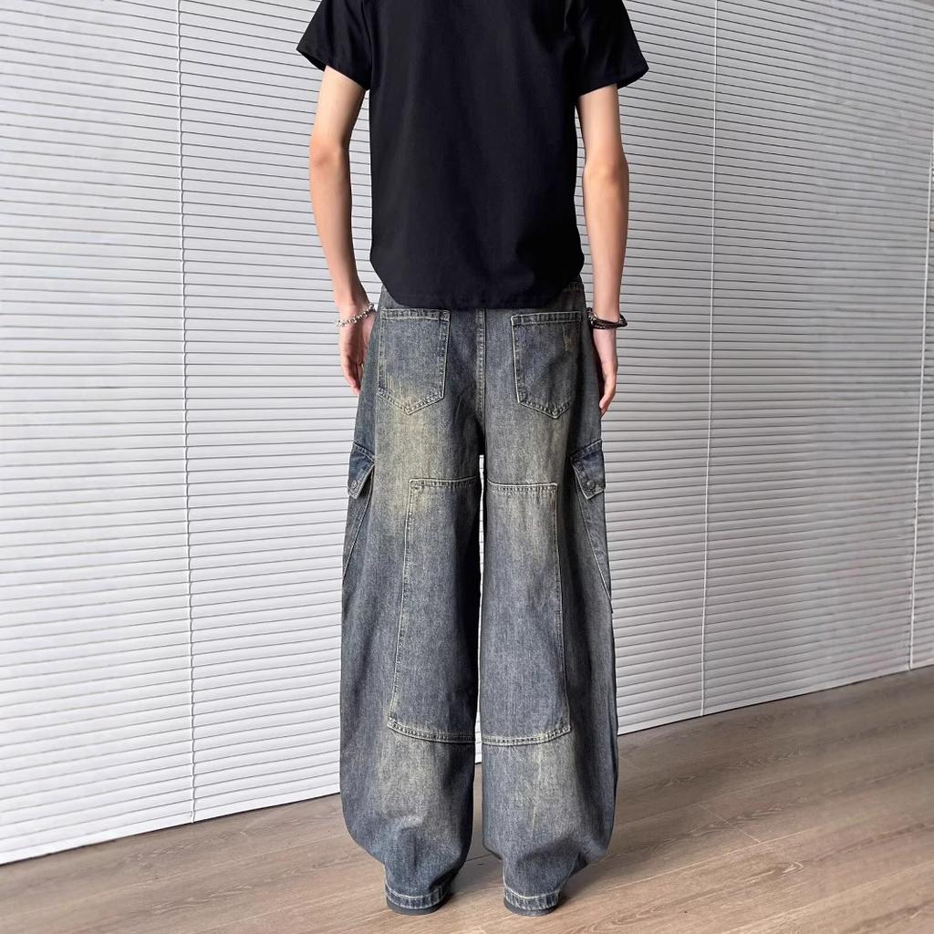 JYL Mens Jeans Autumn New Loose Straight American High Street Drooping Denim Pants