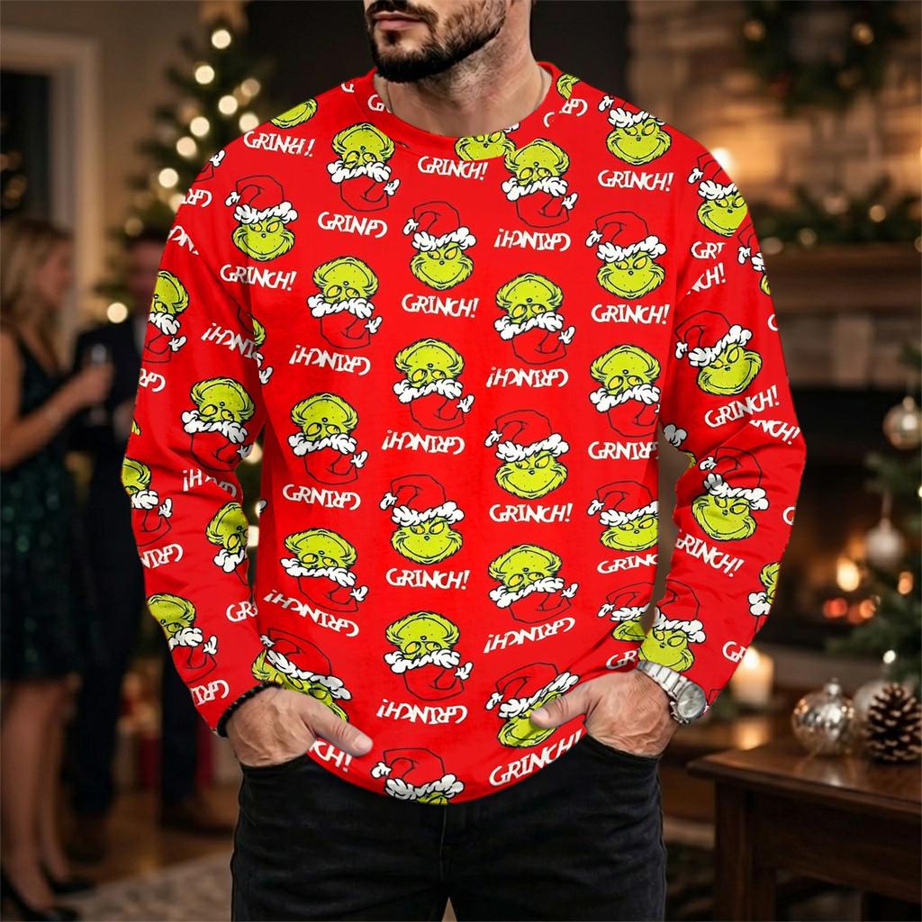 Men's Casual Loose Fit Long Sleeve Neck Tee with Christmas Print for Fall Winter