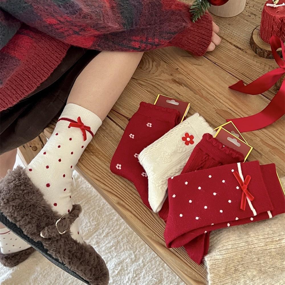Songmu Winter Rabbit Down Big Red Socks New Year Socks Velvet Bow Tube Socks Lucky Socks