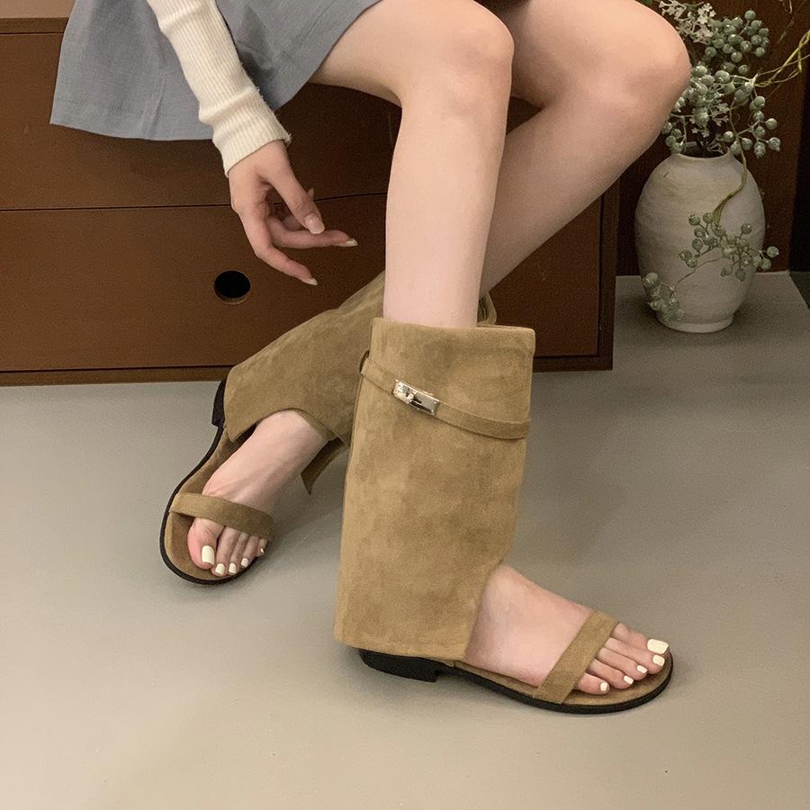 Vintage low-heeled khaki suede open-toed short boots women's 2025 new Spice Girls vacation pant boots sandals cool boots