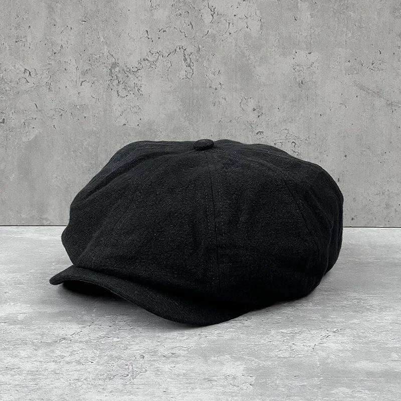 Neue Baumwoll-Leinen Newsboy-Mützen Übergröße 64 cm Herren Frühling Sommer Dünne Retro-Barettmütze Modische Freizeitkappe Unisex Achteckige Mützen M58CM black
