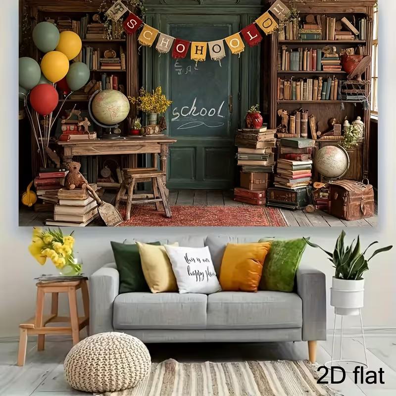 2D Flat Retro School Room Backdrop Vintage Book & Globe Photography Background