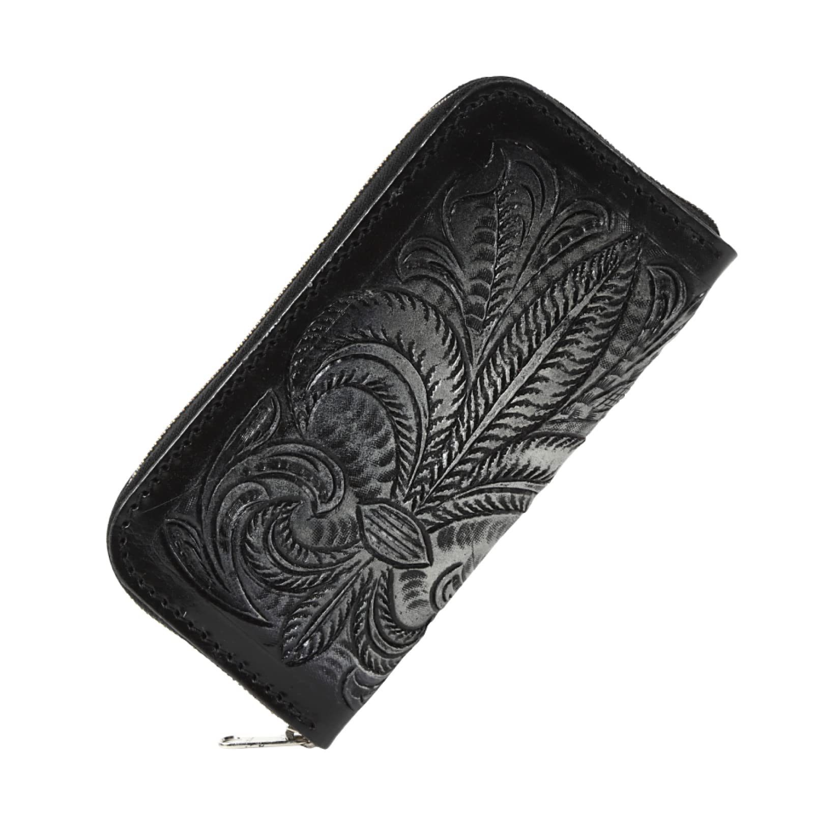 

Genuine cowhide leather carved wallet with a cross and lily motif, handmade for men and women. Unisex long wallet, leather biker wallet (Black x