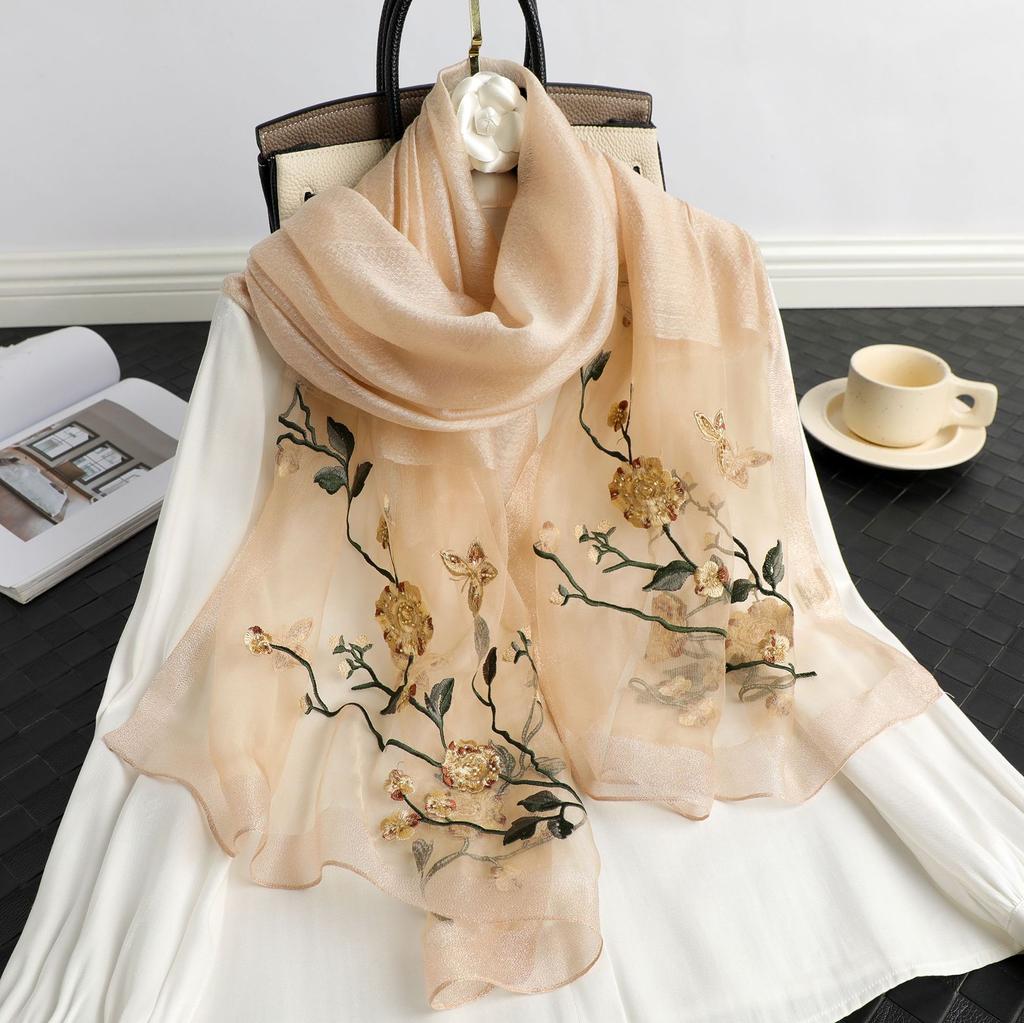 Lady Floral Embroidery Silk Wool Scarf Luxury Plaid Women Hijab Female Beach Stoles Shawl Wrap Headbands Scarves Bandana