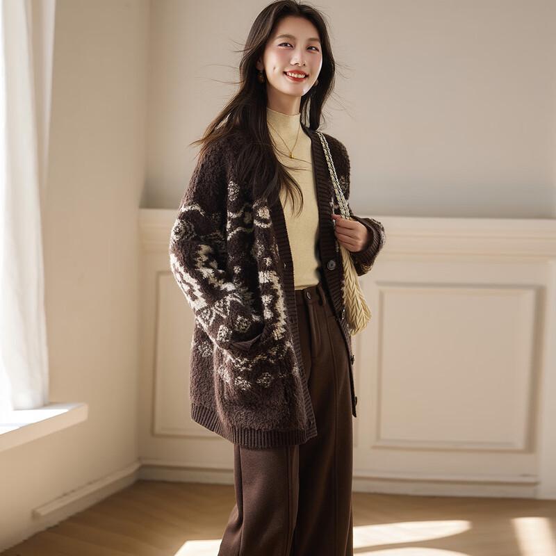 Srcr Women's 100% Wool Jacquard Knit Cardigan