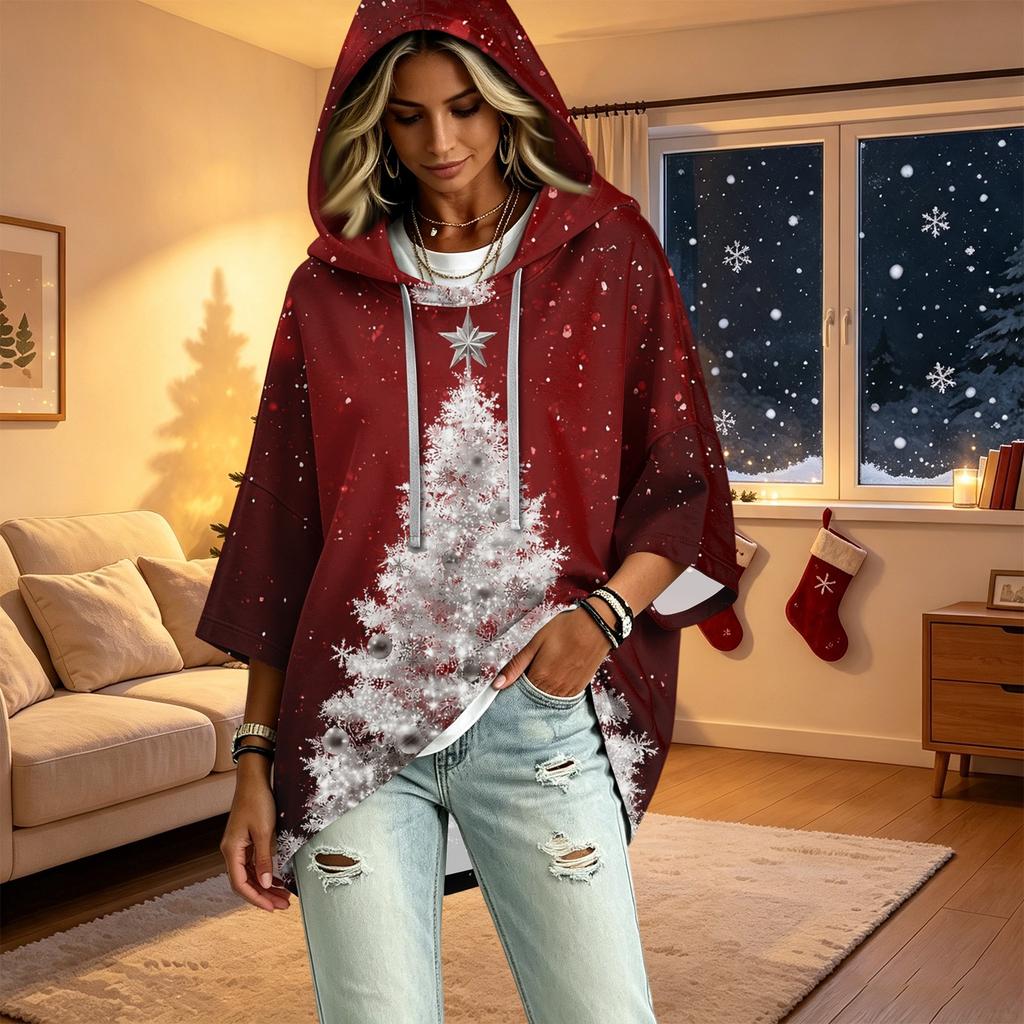 Women's Fashion Christmas Print Hooded Pullover Top, 3/4 Sleeve Casual Tunic