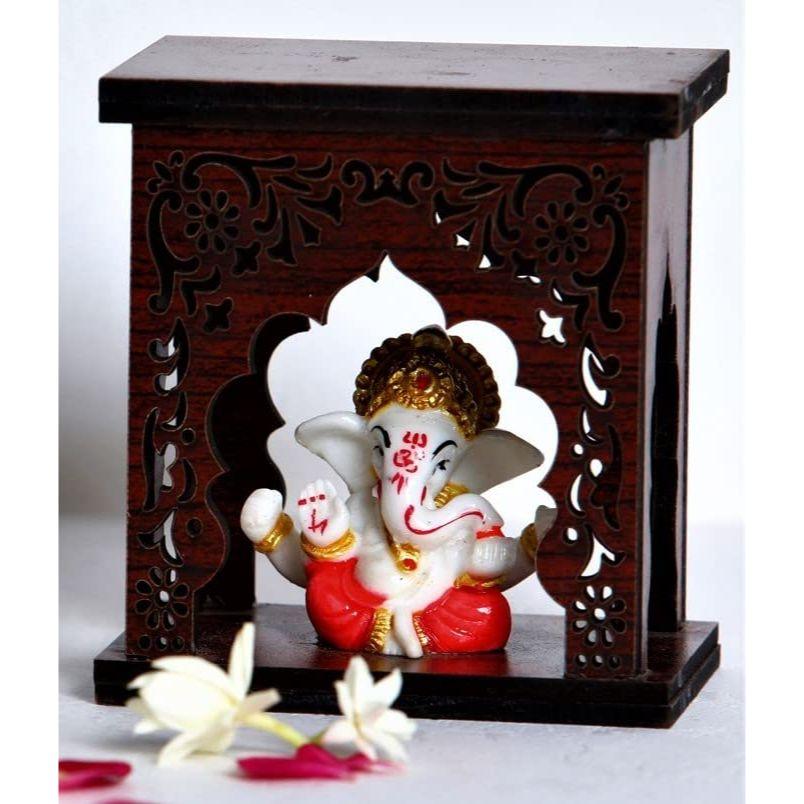 Ganesha Idol With Wooden Temple for Home Mandir, Car Dashboard, Gift Items (Ganesha Temple 2), Religious