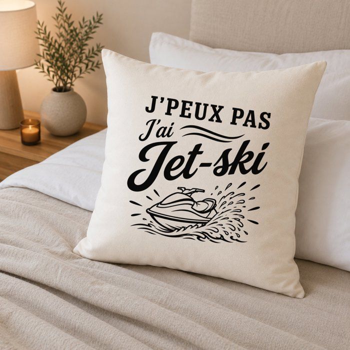 Housse de Coussin J’peux pas j’ai Jet-ski J'peux pas minimaliste | Coton Canvas Fairtrade 305 g/m² Zip Invisible Taille 40×40 cm