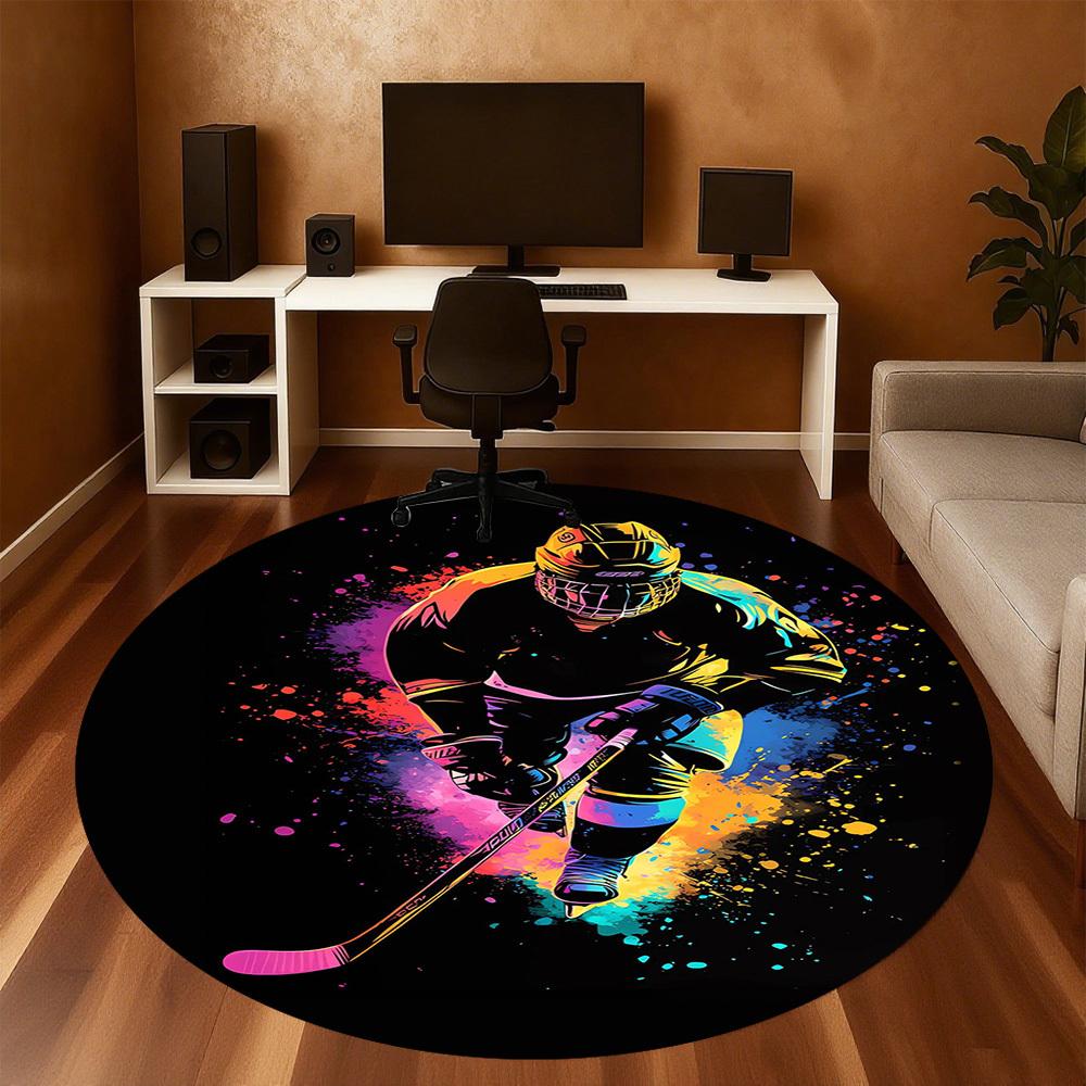 1pc Hockey Player Pattern Office Round Rugs, Under Chair Round Rugs for Living Room, Bedroom, Bathroom Decoration Carpet 091875