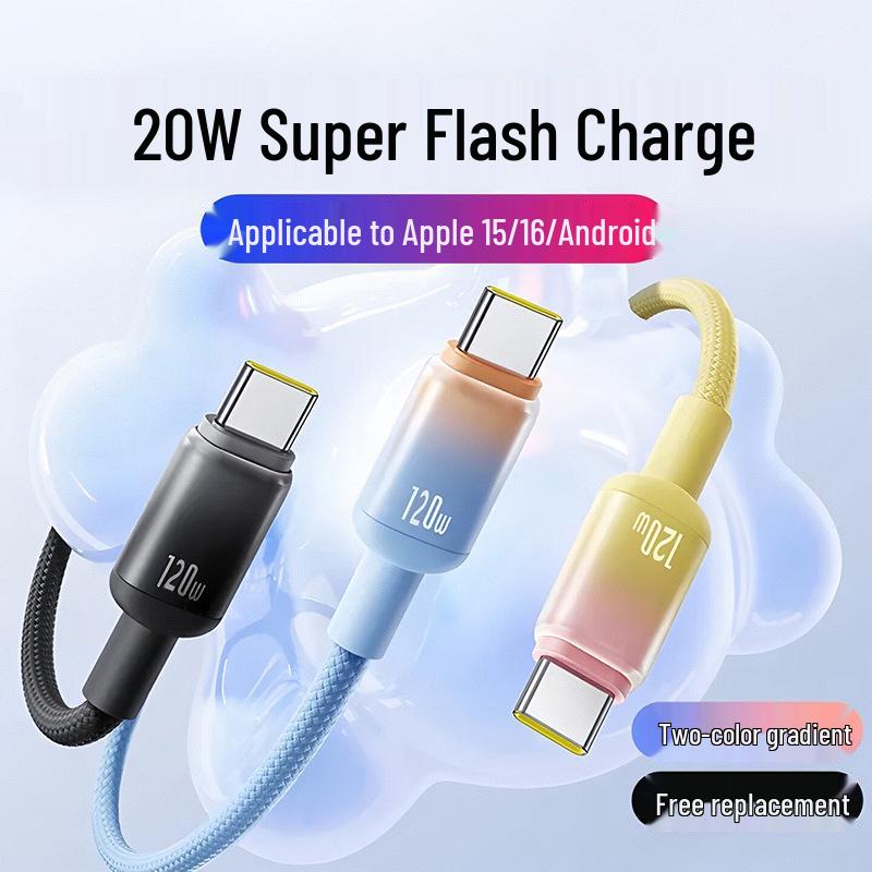 120W Dual Type-C Fast Charging Cable 6A for Apple 15/16, Huawei Laptops, and Mobile Phones