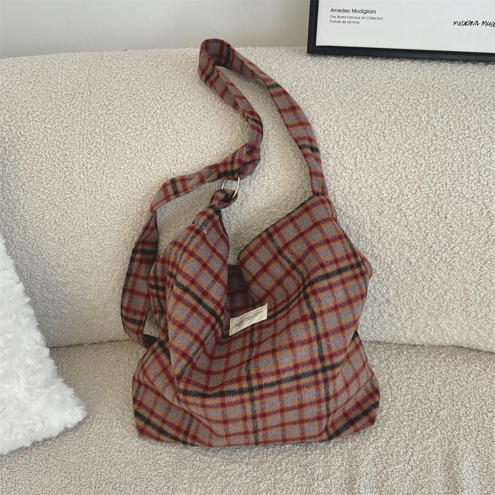 Trendy Checkered Wool And Canvas Shoulder Bag For Daily Casual Outfits