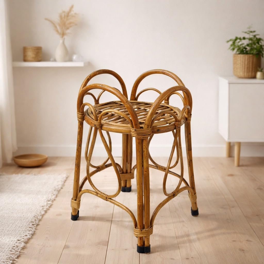 Eco Decx Handcrafted Rattan Plant Stand, Natural Bamboo Flower Pot Holder for Indoor Plants & Living Room Decor, 32 x 32 x 54 cm