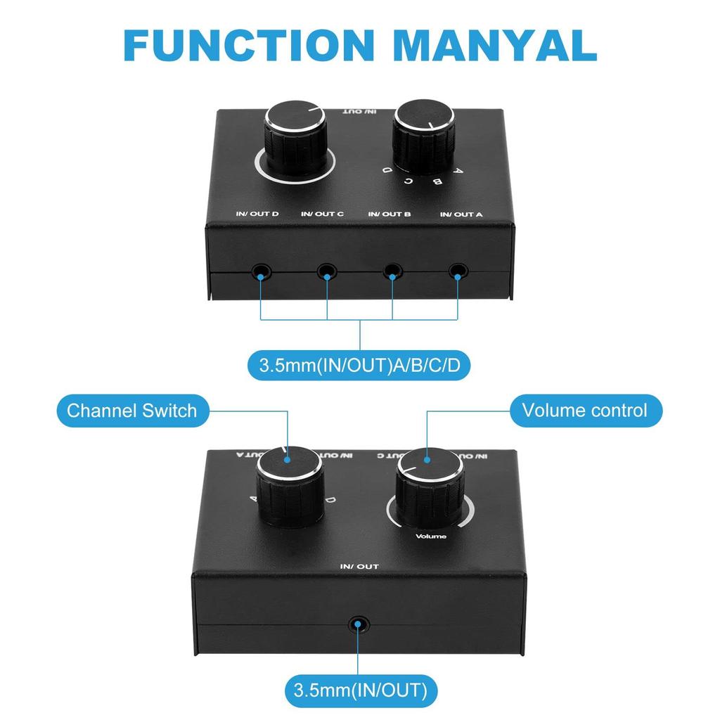Stereo audio AUX audio audio pasivní manuální rozbočovač box audio sdílení palec 4-cestný 3,5mm přepínač, 3,5mm přepínač, přepínač, reproduktor, sluchátka, přepínač,