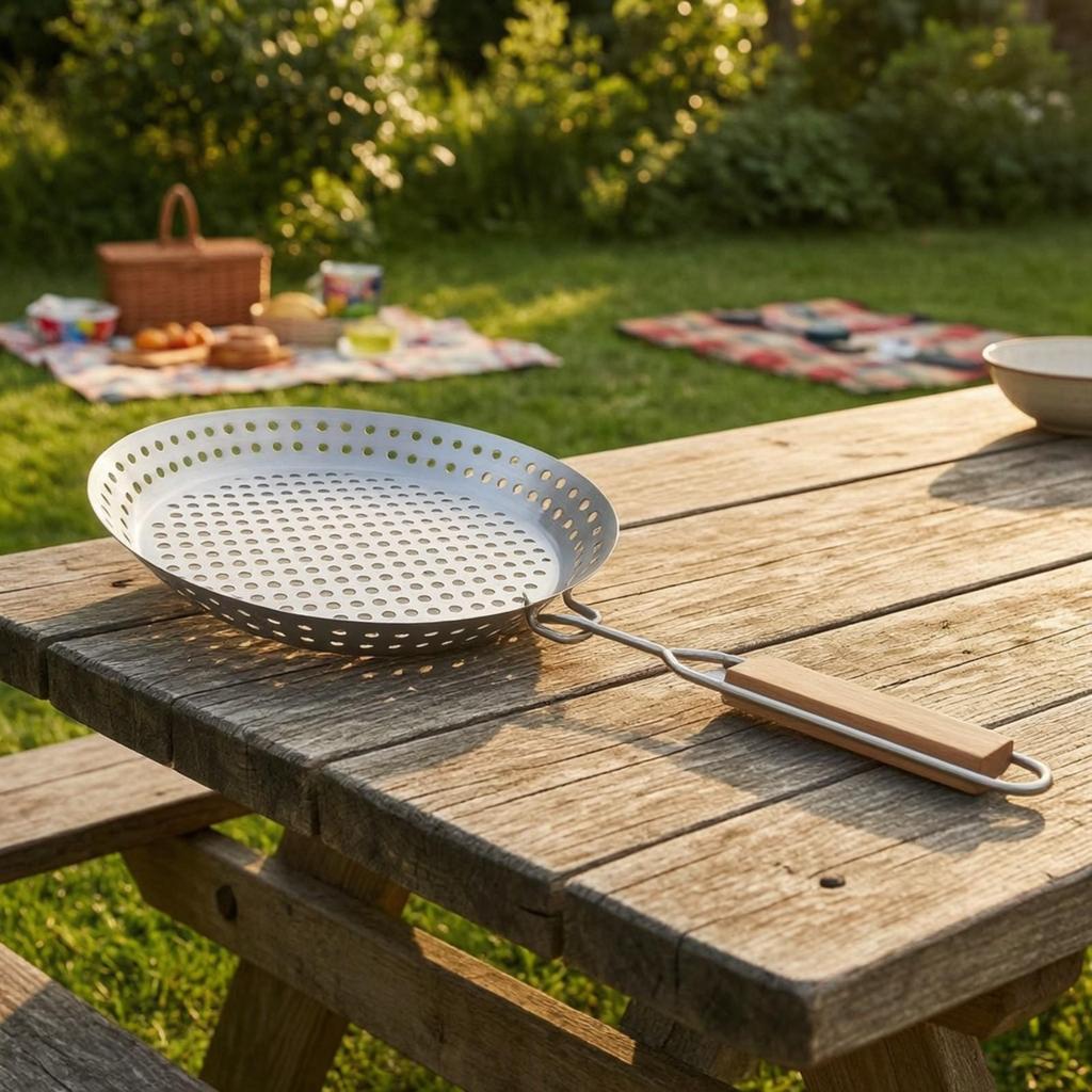 Stainless Steel Perforated Grilling Pan with Detachable Handle Portable Round Barbecue