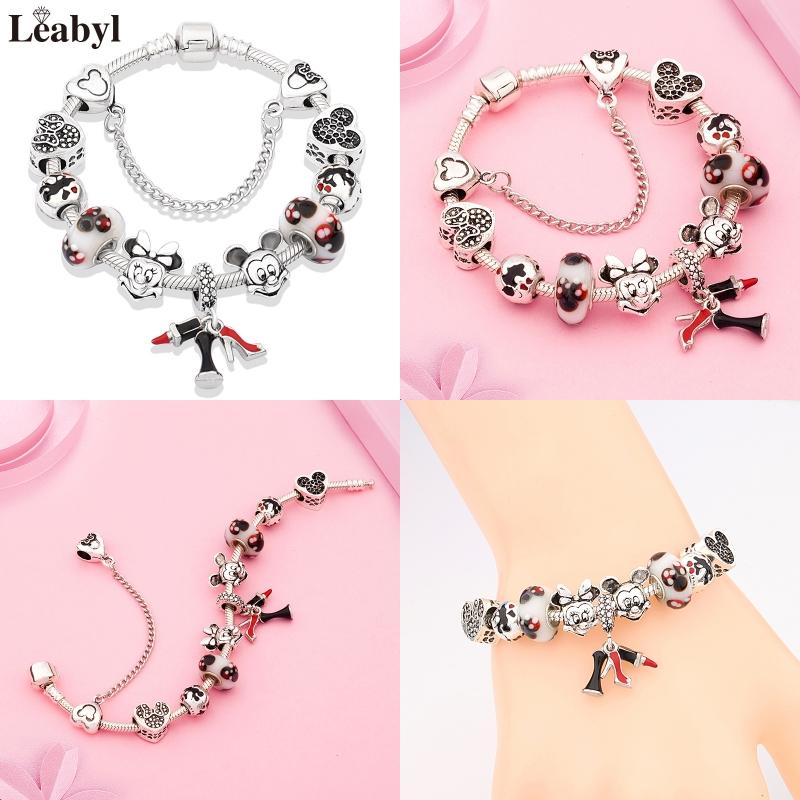Potdemiel Pink Enamel Crystal Minnie Charm Bracelets Silver Color Heart Cartoon Bead Jewelry for Women Girl Gift