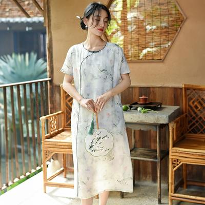 Women Chinese Style Print Floral Dresses O-Neck Short Sleeve High Quality Summer A-Line Dress