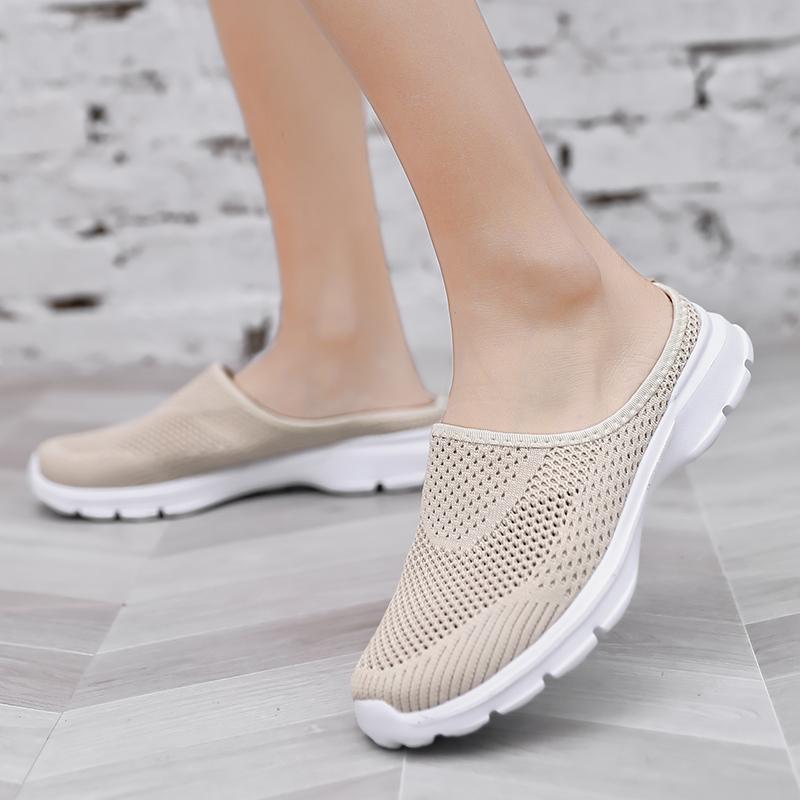 Unisex Slip-on Flats Round Toe Half Slippers Knitted Mesh Walking Shoes Lightweight Big Size 35-48 Leisure Shoes Anti-slip
