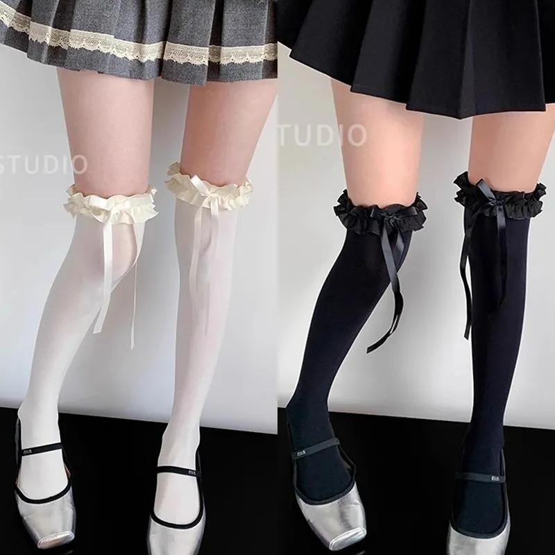 2026 Women Sexy Stockings Sweet Lace Bow High Tights Japanese Beige Lolita for Women Girls Kawaii Over Knee Sockings Accesories