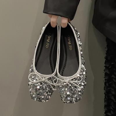 Silver Mary Jane Shoes Flat Bottomed Elegant Silver Sequin Single Shoe