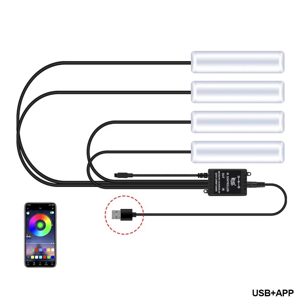 4Pcs LED Car Interior Atmosphere Backlight Ambient Mood Foot Light With Cigarette USB Lighter Decorative APP Remote Control Lamp