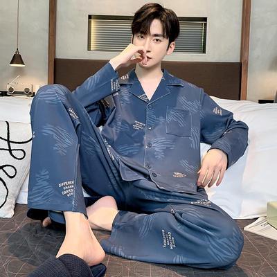 2025 Men's Cotton Pajamas: Long Sleeve Lapel Cardigan Two-Piece Set for Spring and Autumn In Plus Sizes.