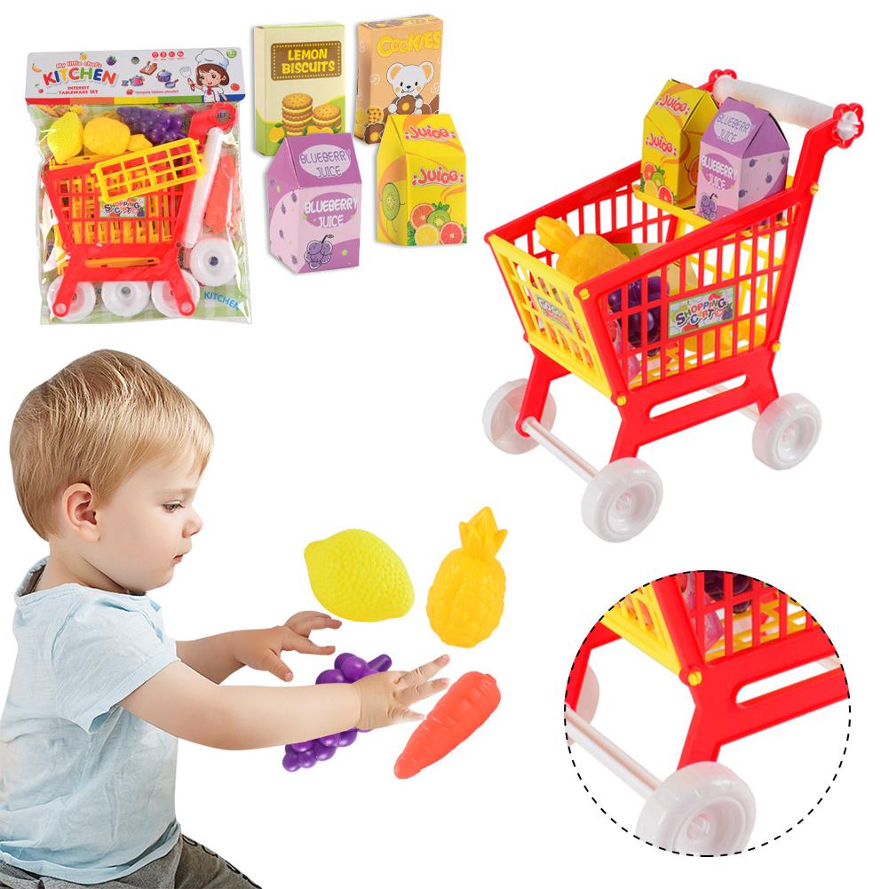 21 Pieces Shopping Cart Trolley Role Play Toys Grocery Store Cart Toys Trolley Toys for Children Kids for Food Fruit Vegetables