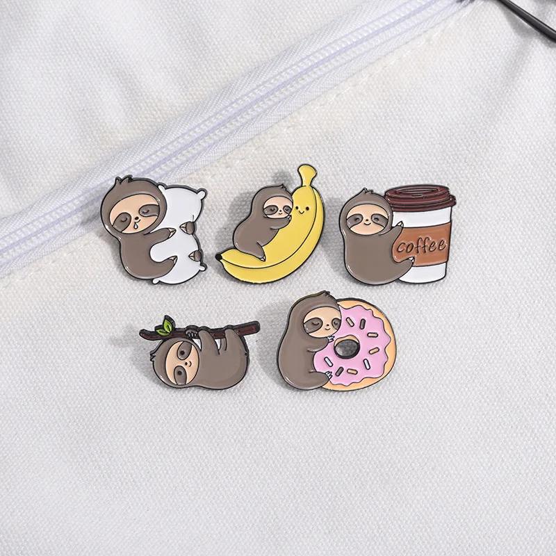 Lazy Cute Sloth Enamel Pin Cartoon Coffee Donut Banana Pillow Lapel Brooch Backpack Clothes Badge Decorative Metal Jewelry Gifts
