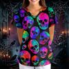 Women's Halloween Print V-Neck Loose Fit Short Sleeve Scrub Top with Pockets