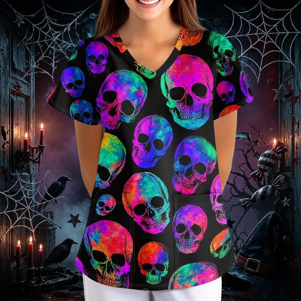 Women's Halloween Print V-Neck Loose Fit Short Sleeve Scrub Top with Pockets