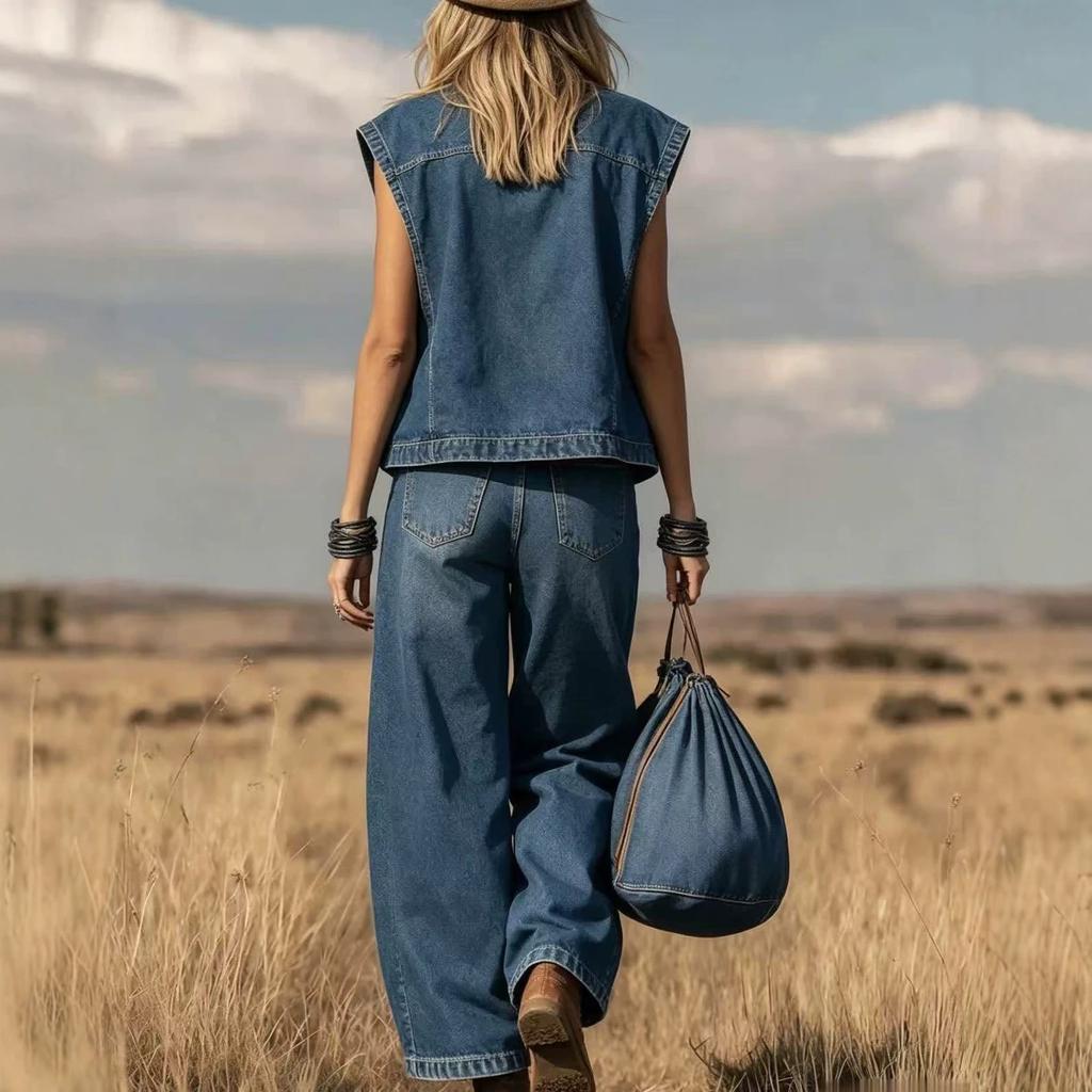 Women's High Neck Sleeveless Loose Denim Top High Waist Wide Leg Denim Pants 2 Piece Outfit Casual Daily Vintage Jean Pant Set