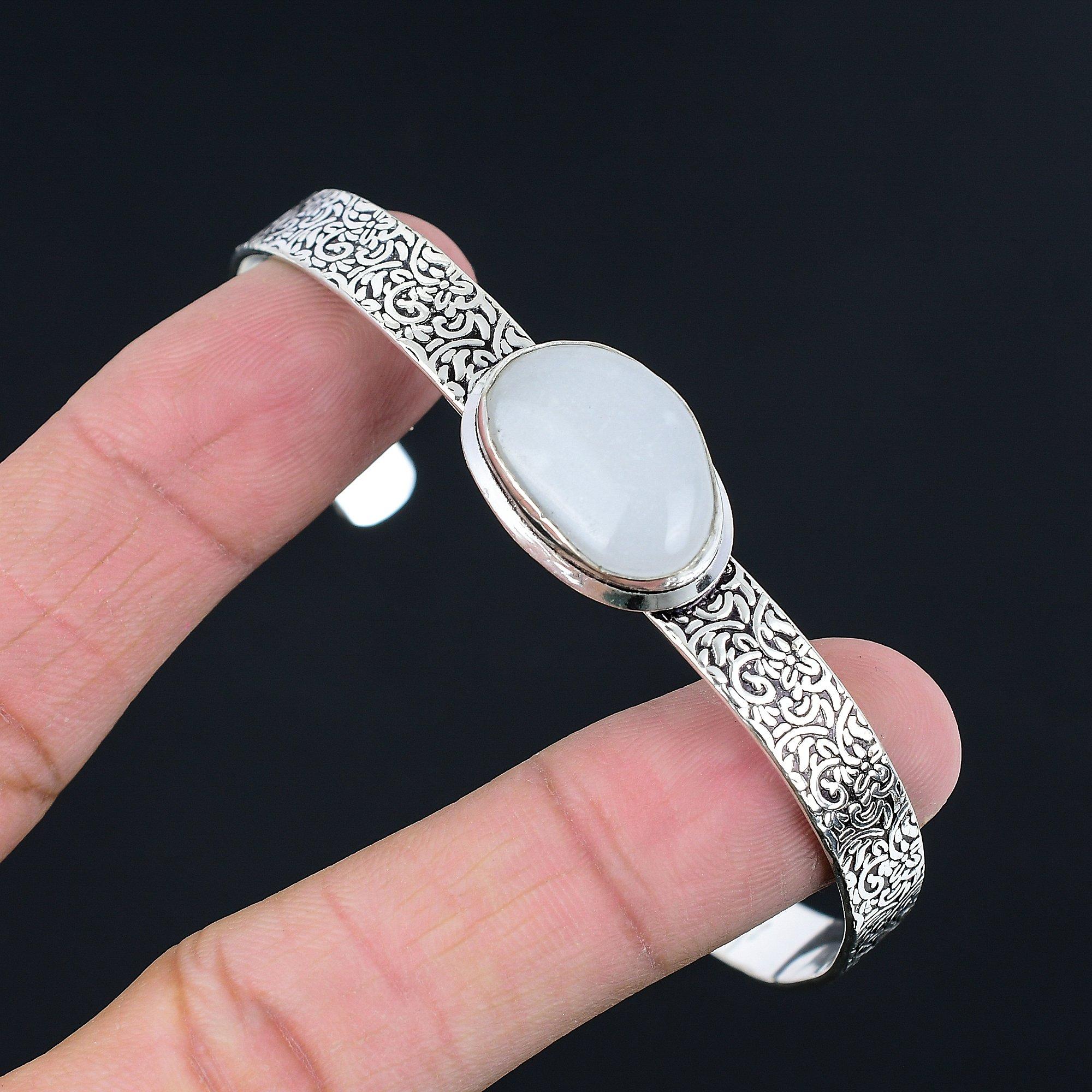 

Friendship Day Deal Oval Natural Rainbow Moonstone Handmade Bangle 925 Silver Adjustable