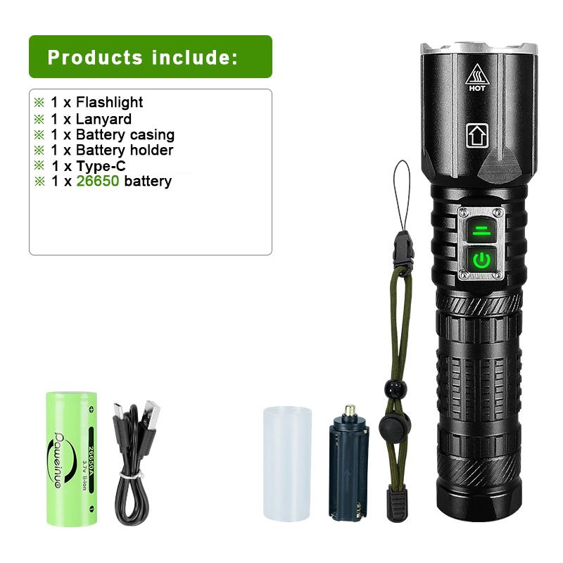 

Потужний ліхтарик XHP 360 Світлодіодний ліхтарик Високий люмен 900000 лм Спалахи Ліхтарі з можливістю масштабування Акумуляторна лампа Водонепроникні ліхтарі C-SetA+26650, Type-C