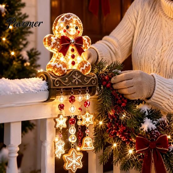 Joyful Holiday Atmosphere Lamps Lighted Christmas Railing Figurine, Cute Santa/Elk/Penguin/Gingerbread Cascading Lights Rail Light for Porch