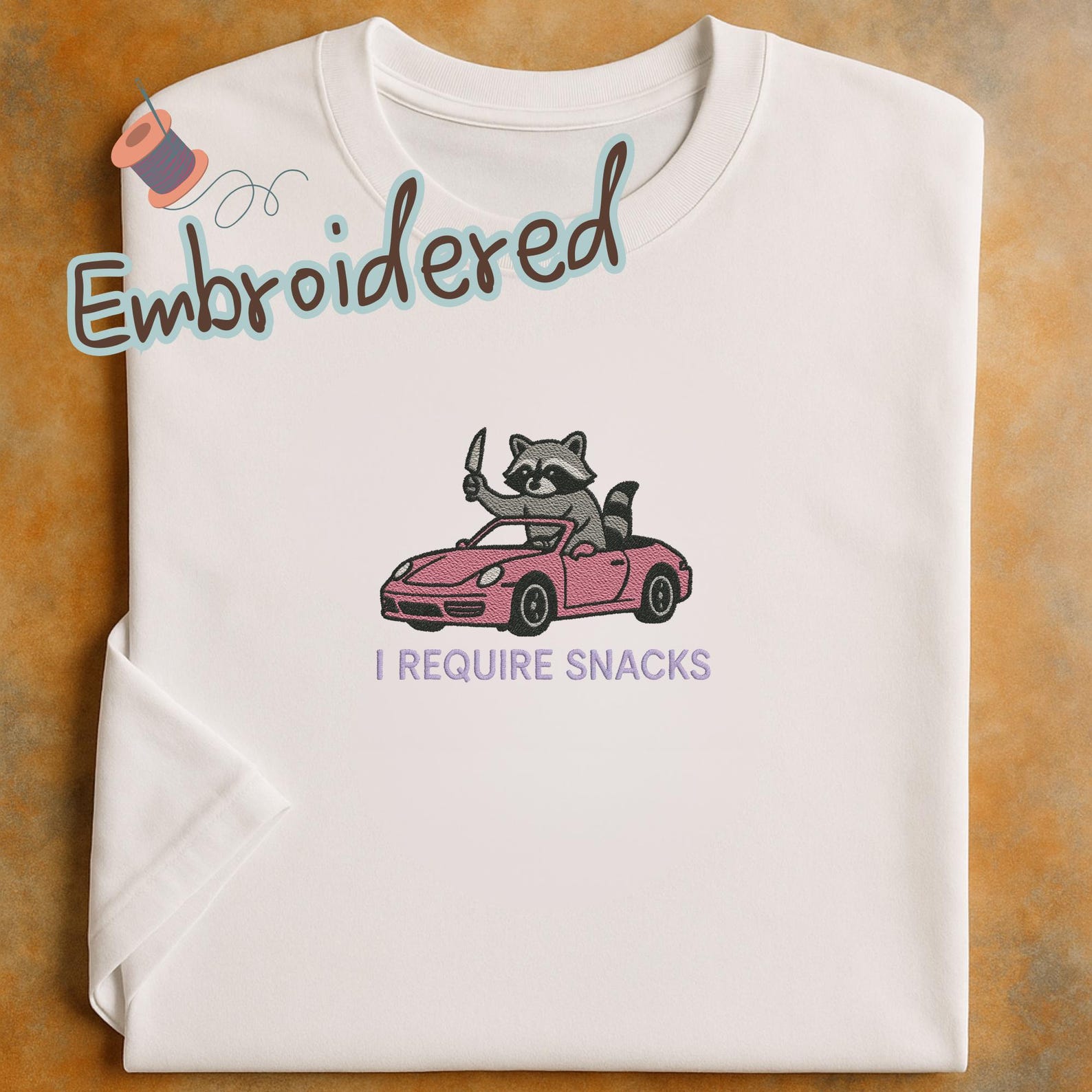 Embroidered Raccoon with Knife Tee, Pink Car Shirt 4XL
