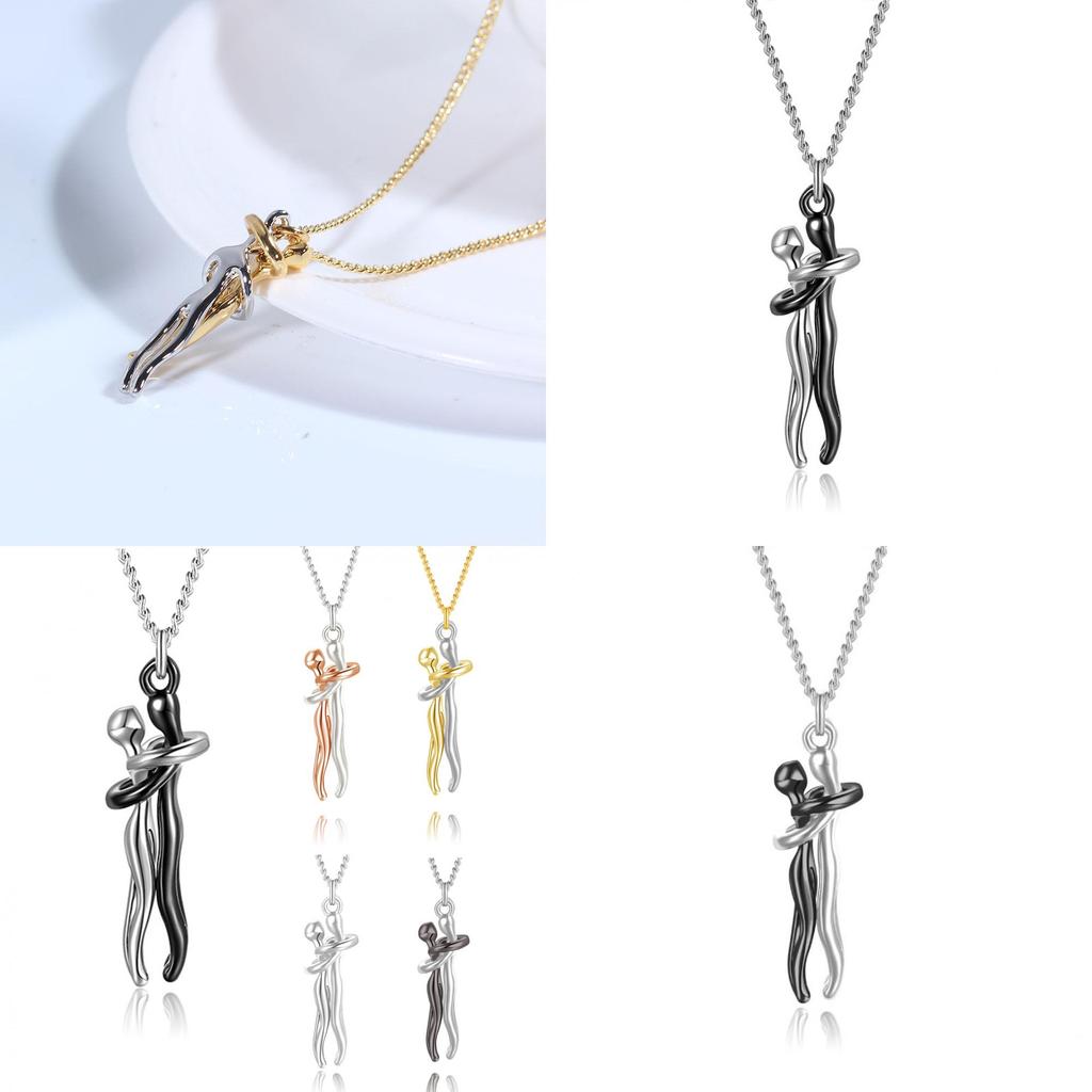 Romantic Couple Embrace Necklace Geometric Design 925 Silver Pendant Necklace
