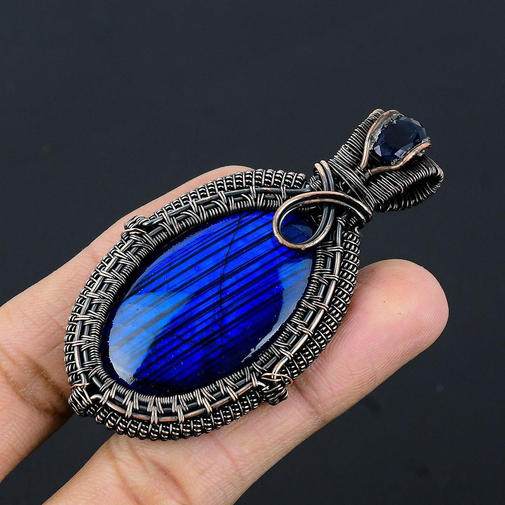 Blue Flash Labradorite Handmade Pendant, Natural Gemstone Jewelry, 999 Copper Wire Wrapped Pendant Jewelry, For Gift
