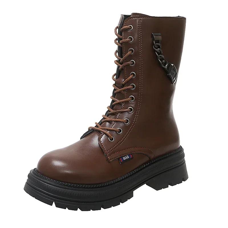 

Модная женская обувь 2024 года, высококачественные женские ботинки с боковой молнией, модные ботинки с перекрестной шнуровкой для офиса и карьеры, новые ботинки до середины голени с цепочкой 40 коричневый