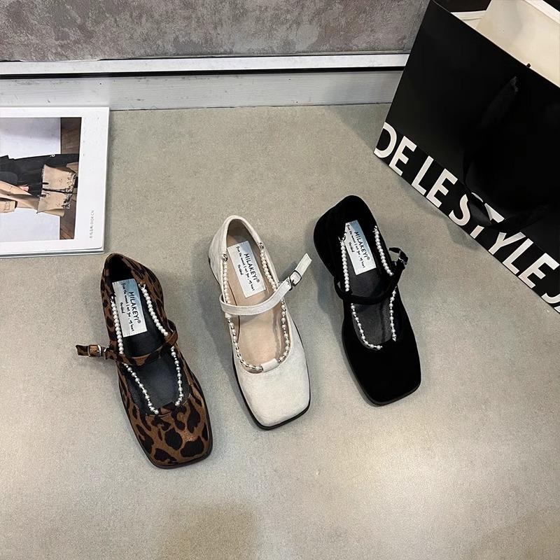 Fashion Single Shoes Spring New Square Head Leopard Print Suede Shallow Mouth Bead One Line Buckle Non-slip High Heels