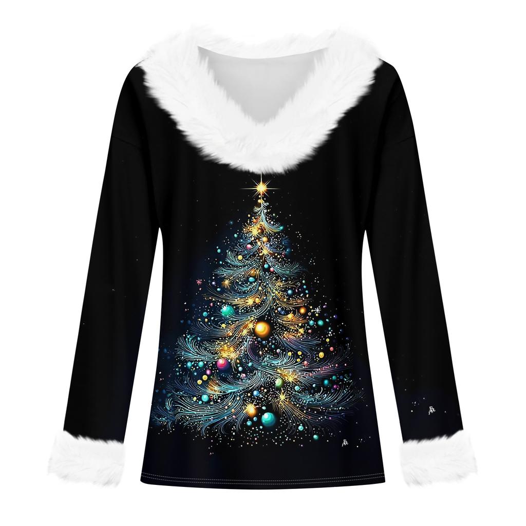Women's Fashion Long Sleeve Christmas V-Neck Printed Party Furry Top