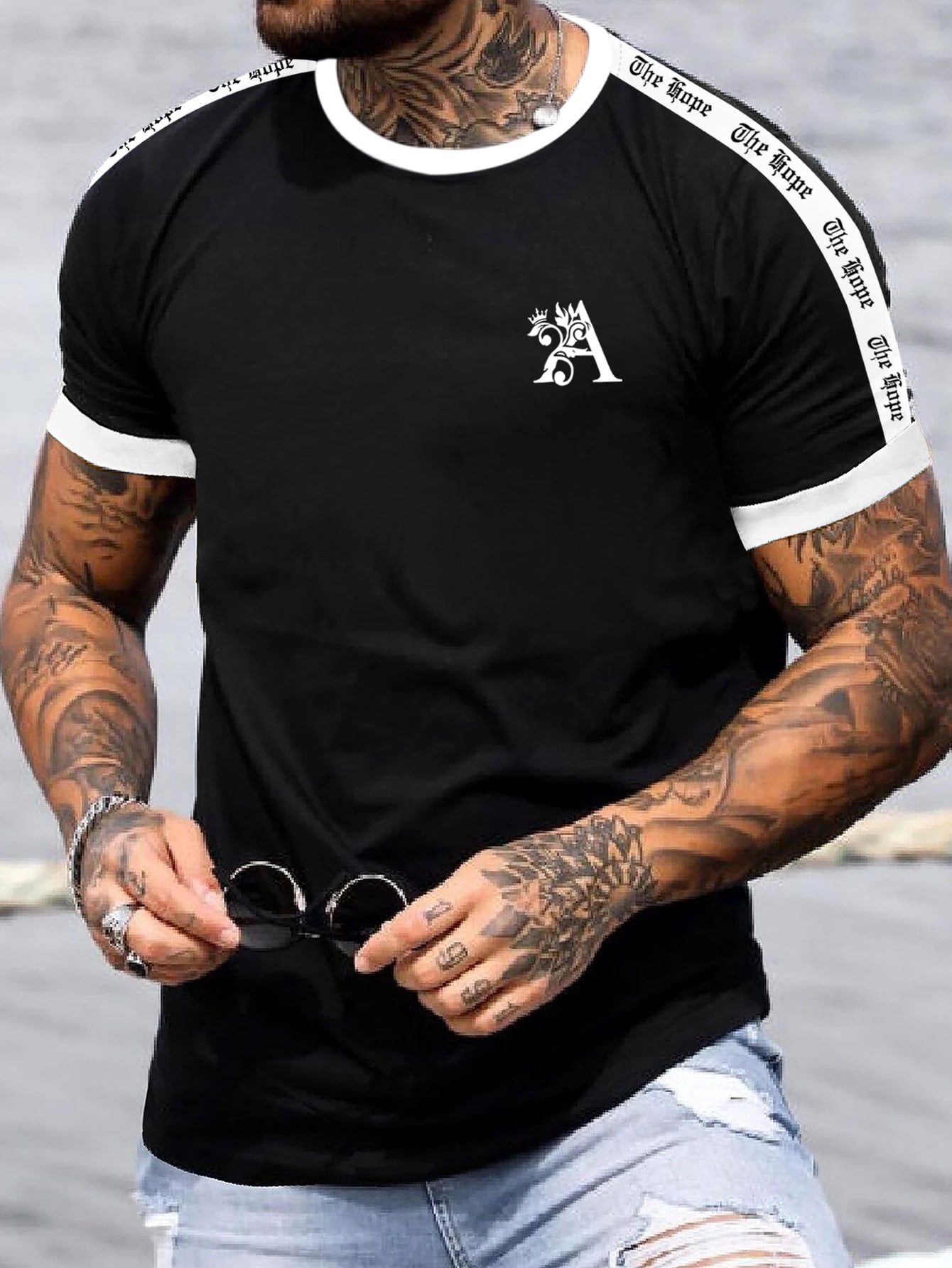 Men s Color Block Letter Pattern Casual Multifunctional Daily T-shirt S чёрный