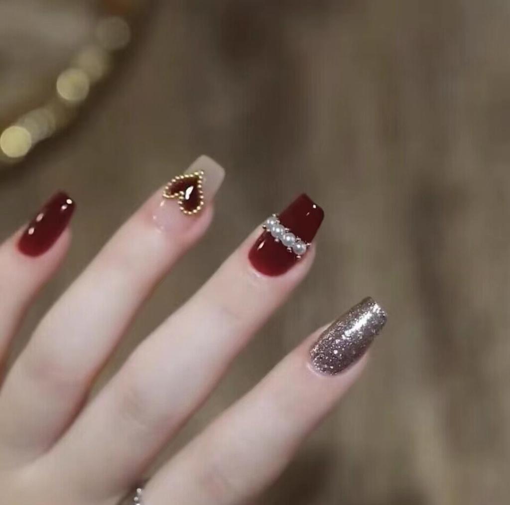 Pure Hand-made Phototherapy Wear Nail Tablets Burgundy Love Wear Nail Finished Product Reusable Nail Patches