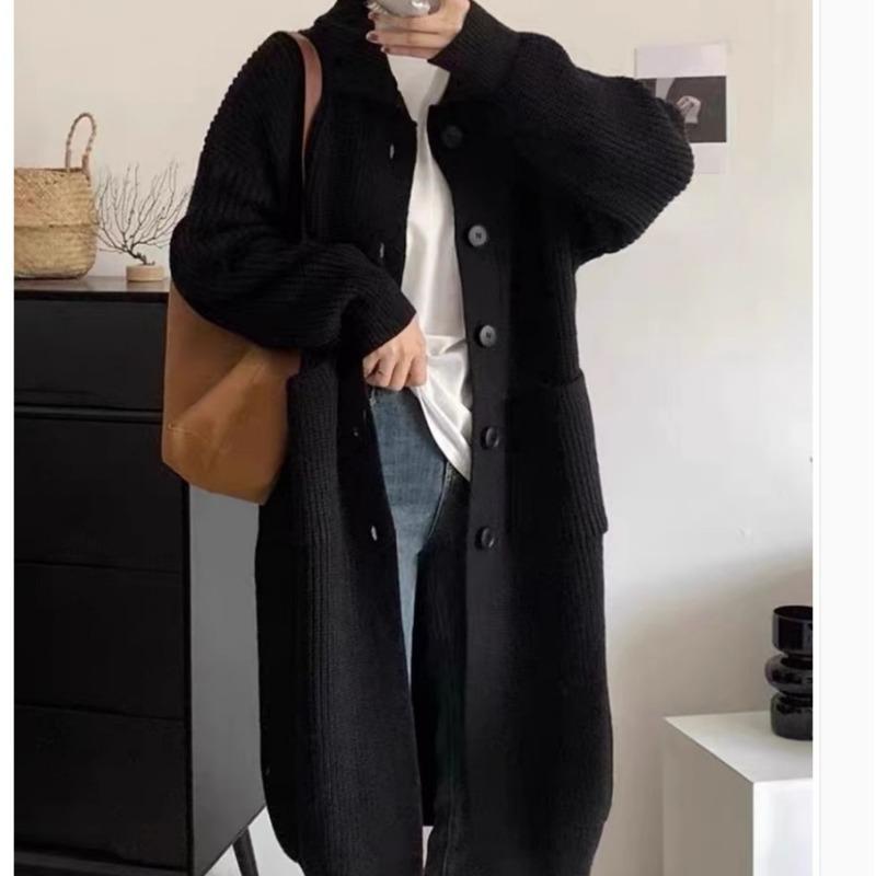 Lazy Wind Turtleneck Autumn and Winter Sweater Women's Single-breasted Solid Color Long-sleeved Knitted Cardigan Women's Medium and Long Coat Women