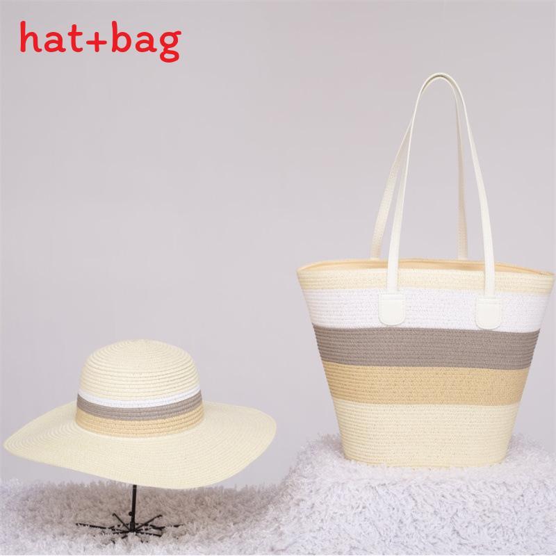 Woven Sun Hat And Large Capacity Straw Tote With Striped Pattern For Travel And Casual Wear