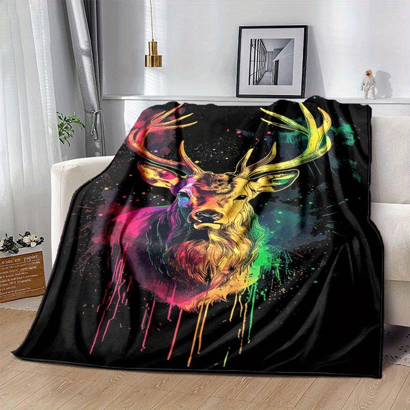 1pc Colored Deer Printing Lightweight Flannel Blanket, Comfortable and Warm Blanket, for Camping Sofa Bed and Couch Office, Gift