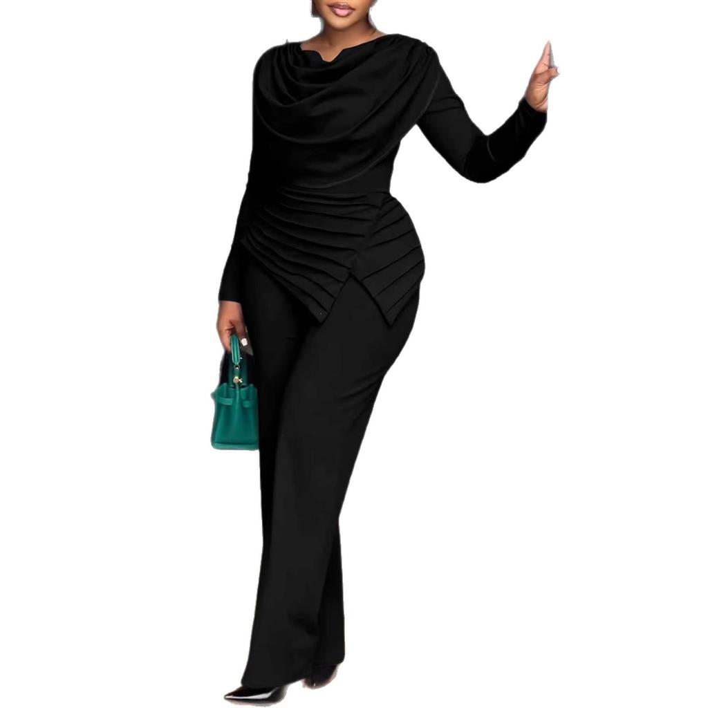 Spring Bestseller Women's Fashion Pleated Waist Long Sleeve Jumpsuit Set