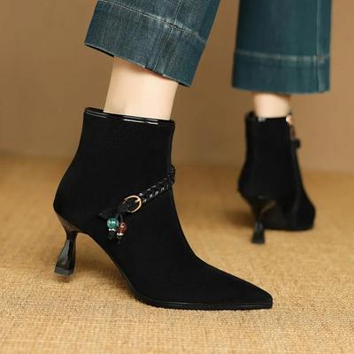 Temperament Booties Winter Pointed Toe Suede Simple Sleeve Non-Slip Stiletto Heel Boots for Women