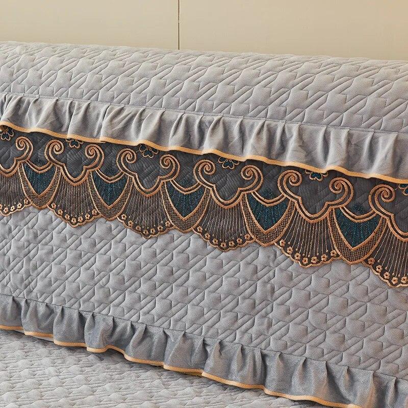 Luxury Fine Flannel Quilted Bed Head Cover Lace Edge Short Plush All-inclusive Headboard Cover Elegant Protective Cover