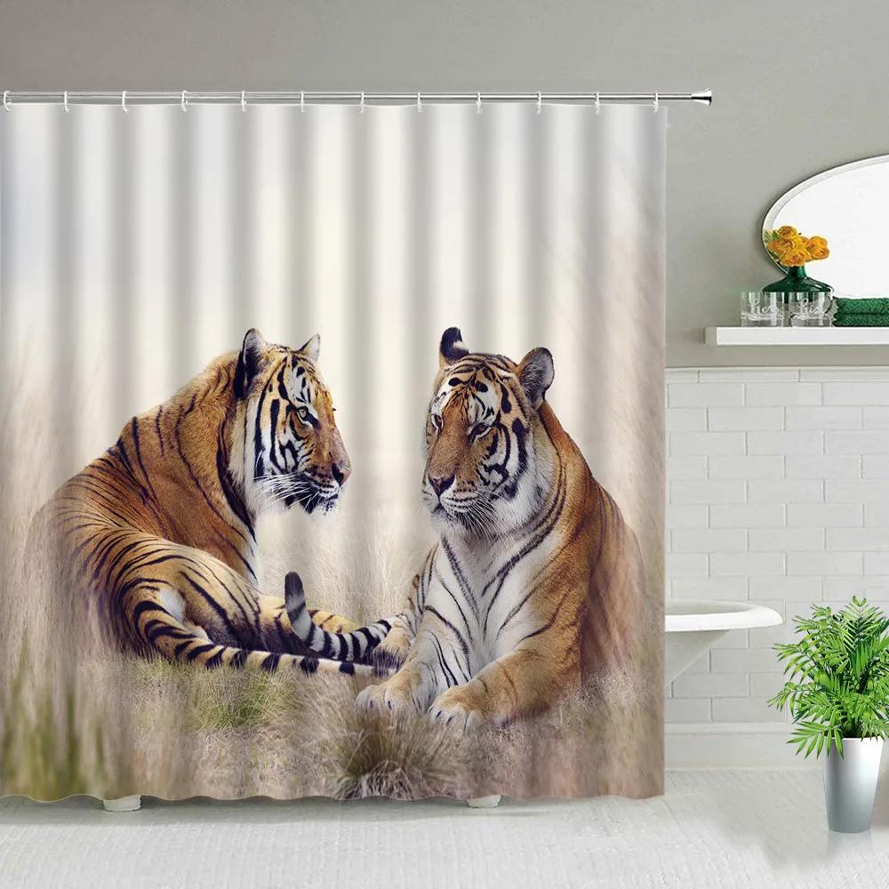 Africa Grassland Wild Animals Printed Shower Curtains Tiger Lion Waterproof Fabric Bathroom Curtains Bathtub Decor with Hooks