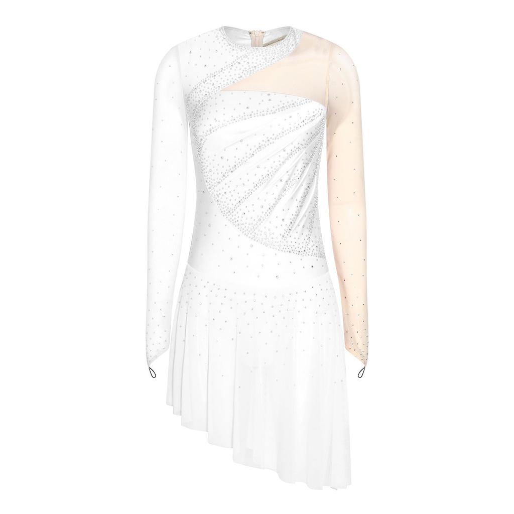 Womens Figure Skating Costume Rhinestone Mesh Long Sleeve Chest Pleats Irregular Hem Bodysuit Dress